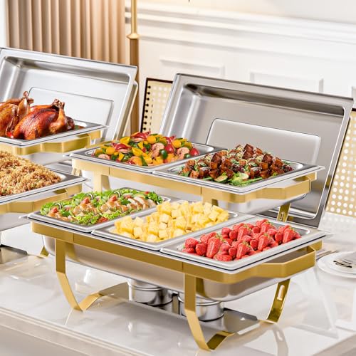 IMACONE 4 Pack Chafing Dish Buffet Set, 8QT Stainless Steel Rectangular Gold Frame Chafers and Buffet Warmer Sets 7 Pans Rolled-Edge Design for Catering Event Party Holiday - color: Gold Frame, size: 4-Pack Combo