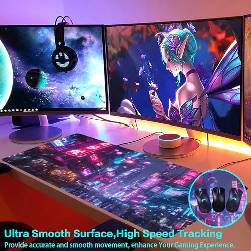 Desk Mat,Cyberpunk Neon City Large Gaming Mouse Pad for Desk XXL,Futuristic Night Street Desk Pad,Extended Big Computer Keyboard Mouse Pad with Non-Slip Base and Stitched Edge 35.4"x15.7" - color: Cyberpunk Neon City, size: 15.7" x 35.4"