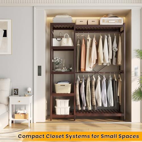 Homykic Bamboo Clothing Rack with 7 Adjustable Shelves, 2 Rods, Espresso - color: Espresso, size: II Medium