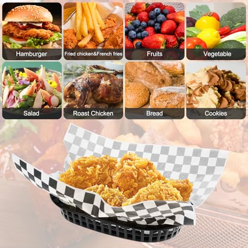 Rainmae Plastic Food Baskets with Parchment Paper Liners, 12 Fast Food Baskets with 100 Deli Paper Sheets, Snacks Basket, Candy Fruits basket, Plastic Baskets, Restaurant Baskets for Food-Retro Style - color: Black(12 Pcs+100 Deli Paper）