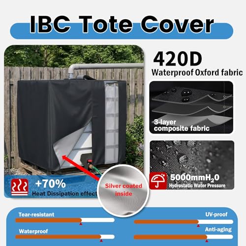 IBC Tote Cover, 420D Heavy Duty Waterproof Oxford Fabric for 1000L IBC Container Rain Water Tank Outdoor 275 Gallon Rain Barrel Foil Anti-Dust Cover Sun Protection Anti-UV