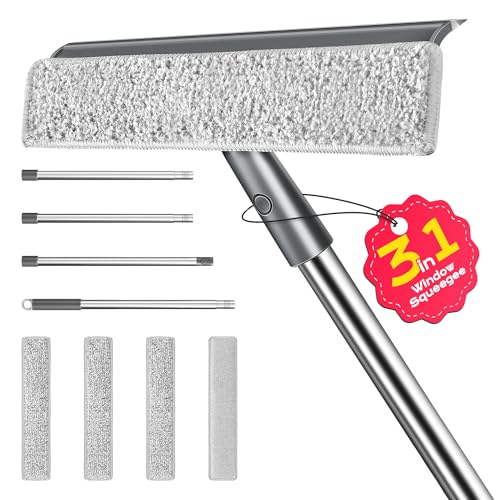 Window Squeegee for Home, Window Cleaner Tool with Extension Pole, Squeegee for Window Cleaning with 3 Microfiber Cloths and Screen Brush, Window Cleaning Kit for Car Windshield, Shower Glass Doors