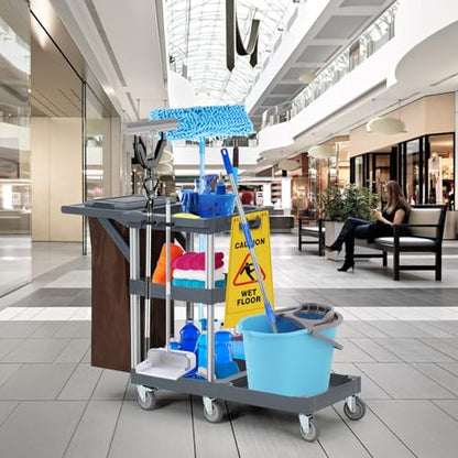Commercial Janitorial Cart with Wheels,3-Layer Shelves Cleaning Cart,Trash Can Cart,Suitable for Outdoor Commercial, Cleaning or Housekeeping Carts