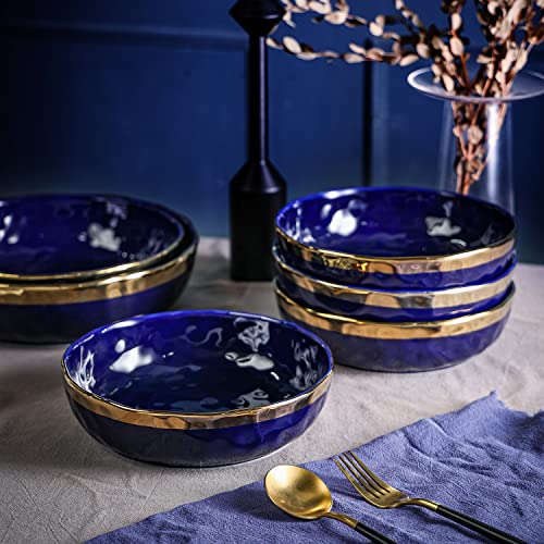Stone Lain Florian 4-Piece Round Pasta Bowl Set, Blue with Gold Rim - color: Blue with Gold Rim, size: 4-Piece Pasta Bowl
