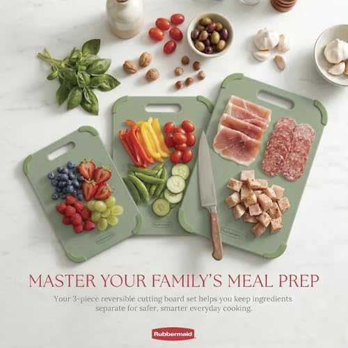 Rubbermaid 3pc Reversible Wheat Fiber Cutting Board Set | BPA Free Non Toxic Cutting Boards for Kitchen – Dishwasher Safe, Non-Slip Corners & Lightweight | For Meat, Veggies & Fruits - color: Pastel Green