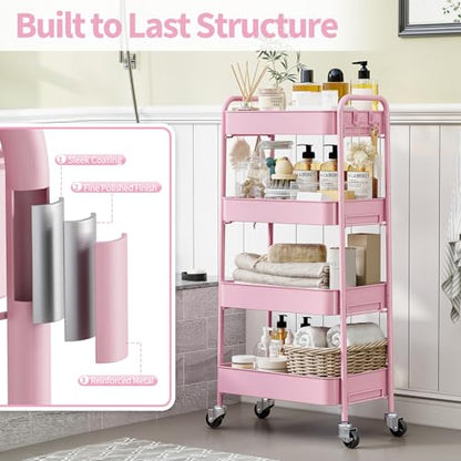 TOOLF 4 Tier Metal Rolling Cart, Utility Storage Cart with Wheels, Pink - color: Pink, size: 4-Tier