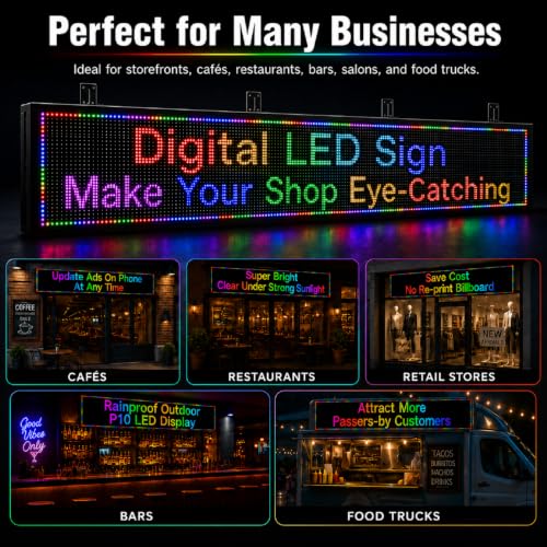 77" Programmable LED Sign, Outdoor Scrolling Message Board for Business - size: P10 77*14 INCH