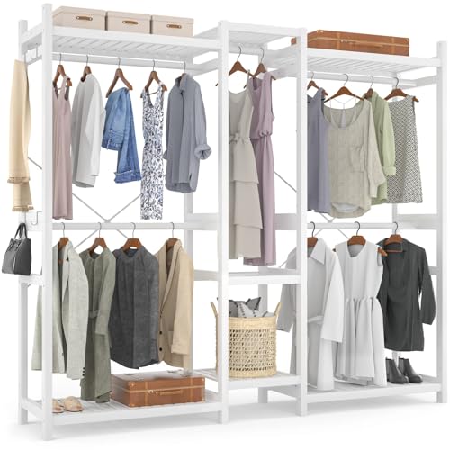 Homykic Bamboo Clothing Rack with 7 Shelves, 5 Hang Rods, 70” Wide, White - color: White, size: III Large