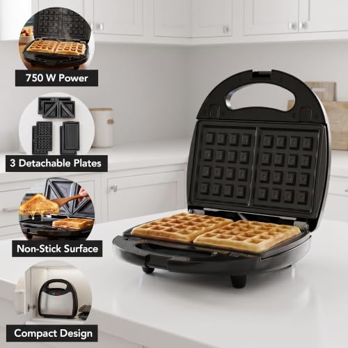 OVENTE 3 in 1 Electric Sandwich Maker, 750W Non-Stick Plates, Black GPI302B - color: GPI302B
