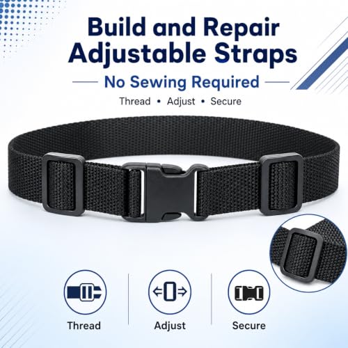 2 Inch Straps and Buckles Set, 12 Yards Nylon Webbing Strap, 12 Pack Release Buckles, 24 Tri-Glide Slide Clips, 12 Pack Metal D-Rings MaHeavy Duty Adjustable Quick Snap Fasteners, No Sewing Required - size: 2" 12 Pcs Buckle Set