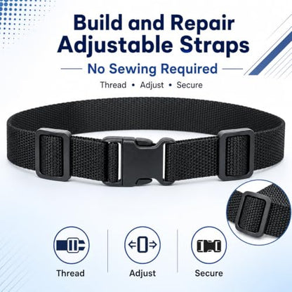 2 Inch Straps and Buckles Set, 12 Yards Nylon Webbing Strap, 12 Pack Release Buckles, 24 Tri-Glide Slide Clips, 12 Pack Metal D-Rings MaHeavy Duty Adjustable Quick Snap Fasteners, No Sewing Required - size: 2" 12 Pcs Buckle Set