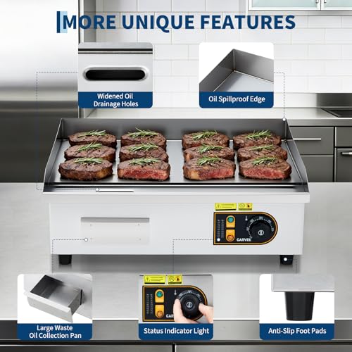 22” Commercial Electric Griddle, 120V 1750W Countertop Griddle, 120-570°F Adjustable Temp, Stainless Steel Electric Flat Top Grill with Removable Drip Tray for Restaurant/Kitchen/Home - size: 22inch