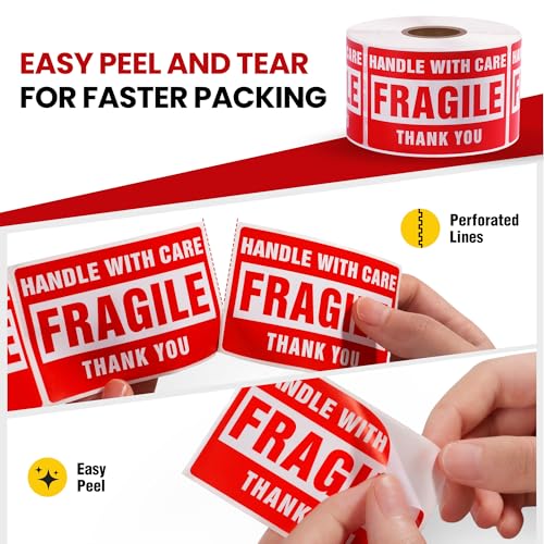10 Rolls 3 × 2 Inch Fragile Stickers Strong Adhesive Handle with Care Stickers Pre-Perforated Line Fragile Labels for Shipping Moving (5000 Labels) - size: 3" × 2", style: 10 Rolls-5000 PCS