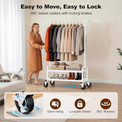 Clothes Rack Heavy Duty, 550 LBS Rolling Clothing Rack with Wheels, White - color: White