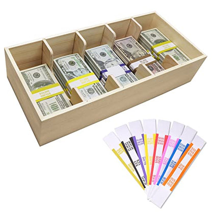 Wooden Currency Money Cash Tray With 300 Currency Wrappers, 5 Compartment Wooden Cash Money Currency Organizer Storage Change Box Case for Cash, Moneyboxes Currency Holder Cash for Money