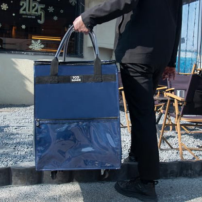 Medium DK Blue Reusable Grocery Bag on Wheels, Folding Rolling Tote - color: Dk Blue, size: Medium