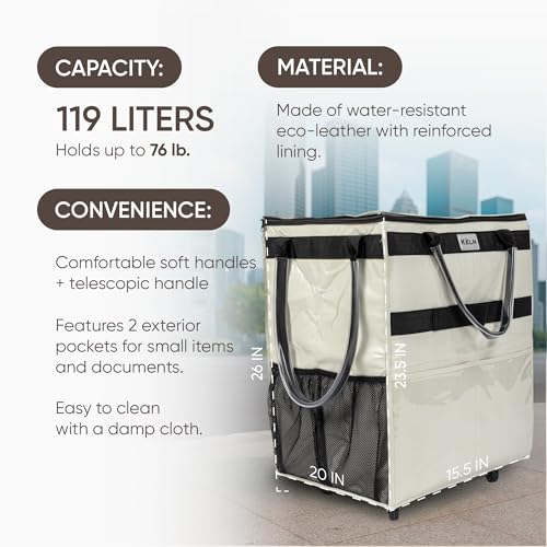 KELN Rolling Tote Bag on Wheels – 76 lb Foldable Shopping Cart – White - color: White