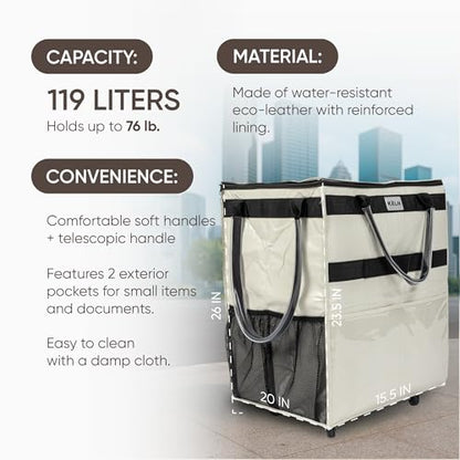 KELN Rolling Tote Bag on Wheels – 76 lb Foldable Shopping Cart – White - color: White