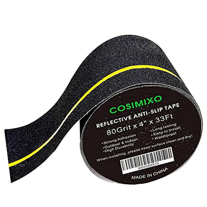 COSIMIXO 4" x 33FT Anti Slip Tape with Reflective Stripe,Premium Grip Tape Non Slip Stair Treads Tape,Non Skid Tape, High Traction Adhesive for Stairs Step Black/Yellow - color: Black/Yellow, size: 4Inch x 33Ft
