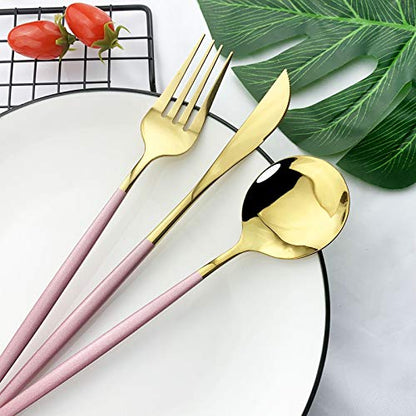 JASHII Flatware Serving Set 24 Piece, Stainless Steel Silverware Set, Pink Gold Cutlery Set, Modern Elegant Tableware Set for Party, Christmas, Dinner (Pink Gold) - color: Pink Gold