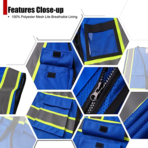 Reflective Safety Vest for Men Women Hi Vis Vest with 8 Pockets High Visibility Mesh Reflective Vest (Blue-07, Large) - color: Blue, size: Large