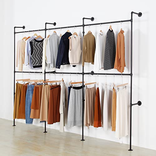 Modern Simple Industrial Pipe Clothing Rack, Display Stand Wall Mounted Clothes Garment Rack Heavy Duty Hanging Clothes Rods Bar for Closet Storage, 134in Black - color: III-Black