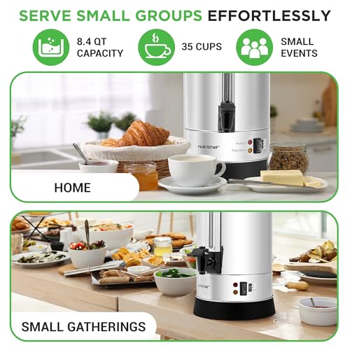 NutriChef Water Boiler and Hot Water Dispenser, 8L Electric Beverage Dispenser with Safety Lock Lid, Non-Drip Tap, Warm Function, Food Grade Stainless Steel, Home & Commercial Use, 19"x9"x9", Silver - size: 8.5 Quarts