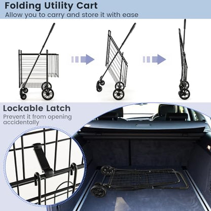 Goplus Folding Shopping Utility Cart, Double Basket and 360° Swivel Wheels, Adjustable Handle, Small Cart Perfect for Grocery Laundry Book Luggage Travel - color: Black
