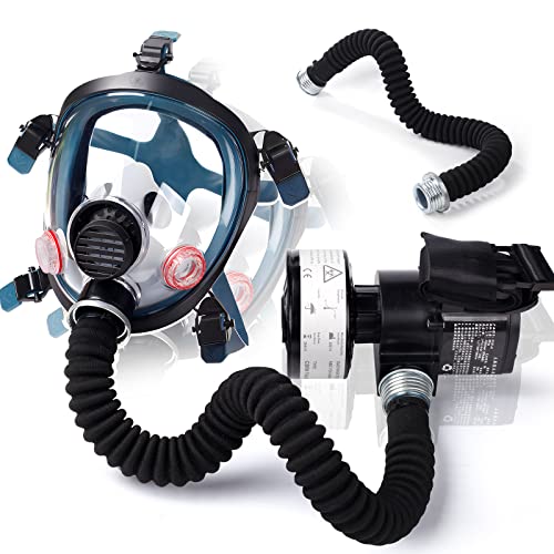 HANUU Reusable PAPR Respirator, Portable PAPR Respirator System with 40mm Activated Carbon Filter, Powered Air Purifying Respirators, Gas Mask for Gases, Dust, Vapors, Chemicals, Paint, Spray - color: Blue-papr