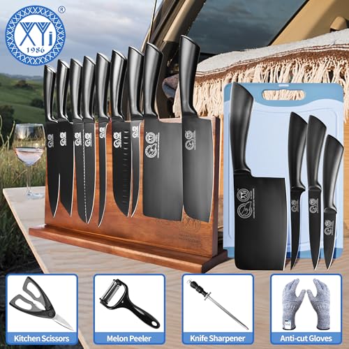 XYJ Professional Knife Sets for Master Chefs, Knife Block Set - color: Full Black, size: 16 in 1 with block