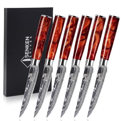 SENKEN Professional 6-Piece Steak Knife Set with Engraved Damascus Pattern, Razor Sharp Blade, High Carbon Steel with Gift Box (Red) - color: Crimson Red