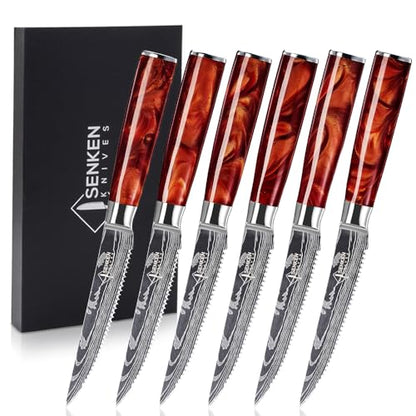 SENKEN Professional 6-Piece Steak Knife Set with Engraved Damascus Pattern, Razor Sharp Blade, High Carbon Steel with Gift Box (Red) - color: Crimson Red