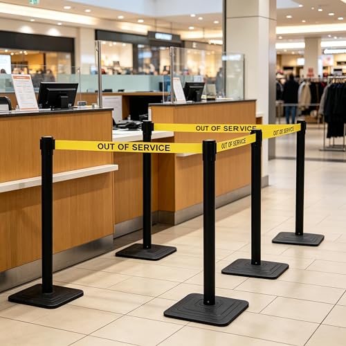OrangeStar Crowd Control Stanchions with 9Ft Retractable Belt, Heavy Duty Stanchion Set with Rubber Base, Black Out of Service Queue Barrier for Bank, Hotel, Retail, Event, 4 Pack - color: Yellow-OUT OF SERVICE