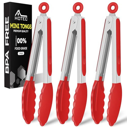 HOTEC Small Silicone Kitchen Tongs 7-Inch Mini Serving Tongs, Set of 3 - color: Red