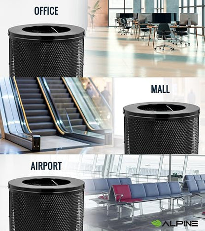Alpine Outdoor Trash Can 36 Gallon Diamond Steel Commercial Metal Waste Bin with Leak Proof Liner, Heavy Duty Steel Mesh Design, Flat Wide Open Top Lid for Parks, Streets, and Public Spaces-Black - style: Open Top Lid