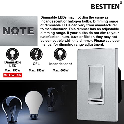 BESTTEN 5 Pack Matte Silver Dimmer Light Switch, Single Pole or 3-Way - color: Matte Silver