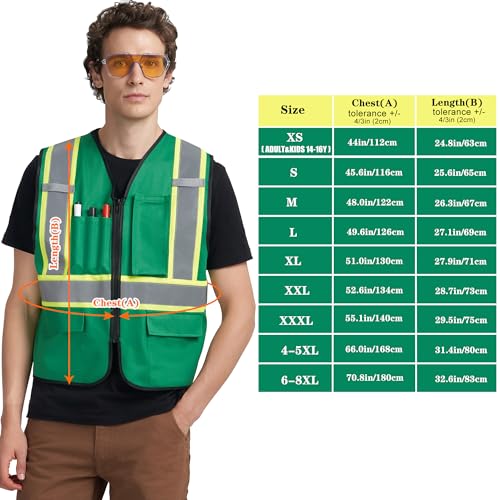 A-KSAFETY High Visibility Safety Vest for Men Women with Pockets and Zipper - color: Green, size: XX-Large