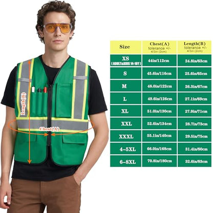 A-KSAFETY High Visibility Safety Vest for Men Women with Pockets and Zipper - color: Green, size: XX-Large