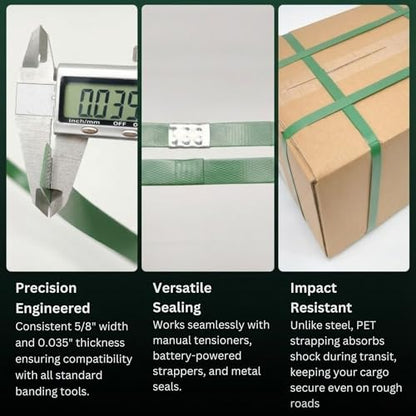 Heavy Duty Green PET Strapping Roll – Polyester Packaging Banding Coil 5/8" x 1000' x 0.035", 1400 lbs Break Strength Pallet Strap, Impact Resistant Plastic Strapping with Self-Dispensing Box - size: 1000 FT Roll