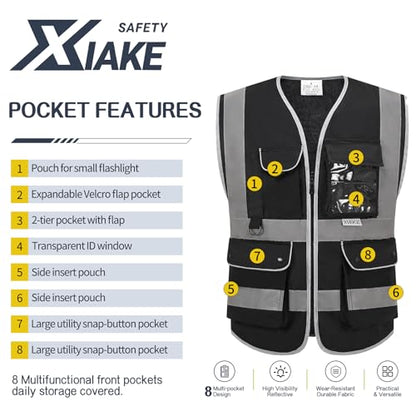 XIAKE Reflective Safety Vest for Men & Women High Visibility Class 2 Vest with Pockets Meets ANSI Standards - color: Black, size: XX-Large
