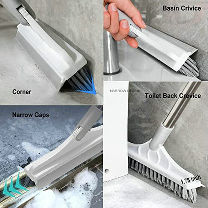 2 in 1 Cleaning Scrub Brush Grout Brush Scrape Floor Scrub Brush with Long Handle V-Shape Stiff Bristle Brush Scrubber with Squeegee 120°Rotating Shower Scruber for Cleaning Bathroom Glass Wall - color: Beige Color