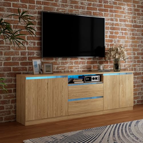 Bobve Modern TV Stand for TVs Up to 100",LED TV Console,Long Entertainment Center with 2 Drawer/2 Cabinets,Universal TV Stand for Living Room,Bedroom,Oak,3 Light Modes - color: Oak