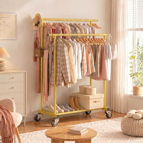 Calmootey Rolling Garment Rack, Sturdy Clothes Organizer for Bedroom - color: Gold, style: Double Rods