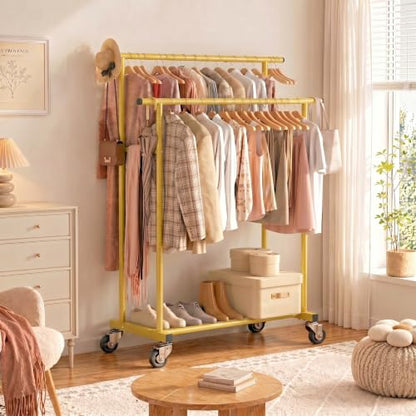 Calmootey Rolling Garment Rack, Sturdy Clothes Organizer for Bedroom - color: Gold, style: Double Rods
