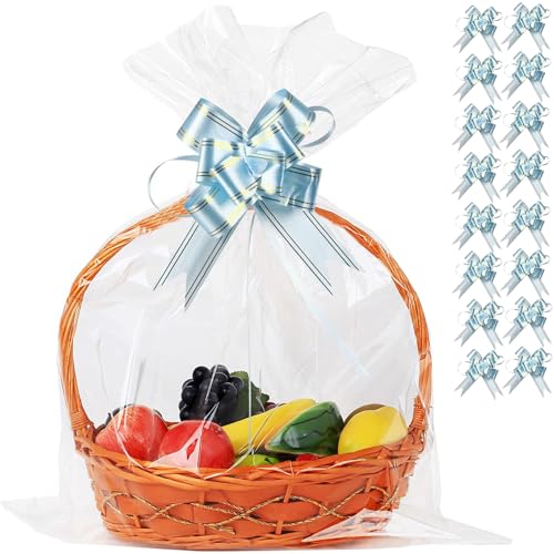 UltraOutlet 50 Packs Large Cellophane Bags 18" x 24" Clear Cellophane Gift Basket Wraps 2.3 Mil Thick Transparent Cello Bags for Fruit Basket, Gift Wrap, Treats, Arts and Crafts, 50ct Ribbon Bows - color: Clear/Light blue, size: 1 Count (Pack of 50)