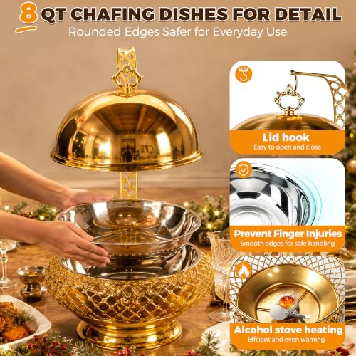 8QT Gold Chafing Dish Buffet Set with Hanging Lid, Luxury Stainless Steel Food Warmer, Elegant Hollow-Out Design Catering Server for Weddings, Parties, Hotel, Banquets, Christmas & Home Entertaining - color: Gold02
