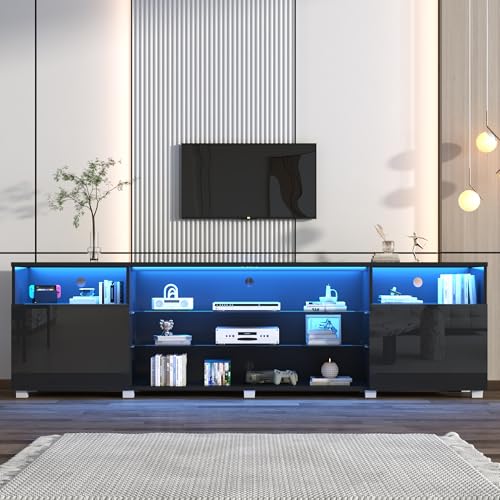 St.Mandyu LED TV Stand for 90/100 inch TV, Modern Television Table Center Media Console with Drawer and Led Lights, High Glossy Entertainment Center for Living Game Room Bedroom(Black) - color: Black, size: TV Stand for 90/100 inch TV