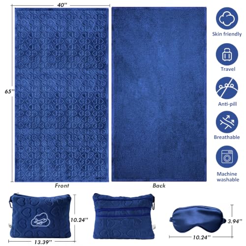 Travel Blanket, Airplane Blanket, Ultra-Soft, Warm & Lightweight, 65x40 in, Outdoor Blanket Essentials for Women, Men & Kids, Included Eye Mask, Luggage Sleeve & Backpack Clip Heart Navy Blue - color: Heart Navy Blue