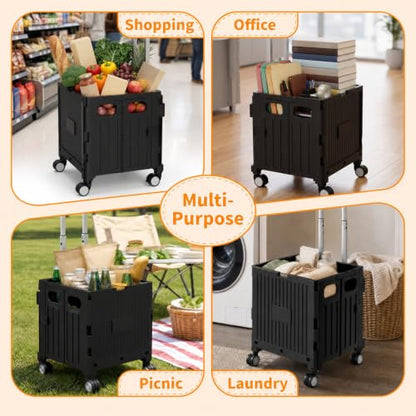 Foldable Shopping Cart with Wheels: Black Rolling Utility Crate - color: Black(m)