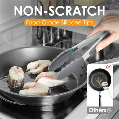 HOTEC Premium Stainless Steel Locking Kitchen Tongs with Silicon Tips, Set of 3-7", 9" and 12" (Grey) - color: Light Grey:12+9+7inch